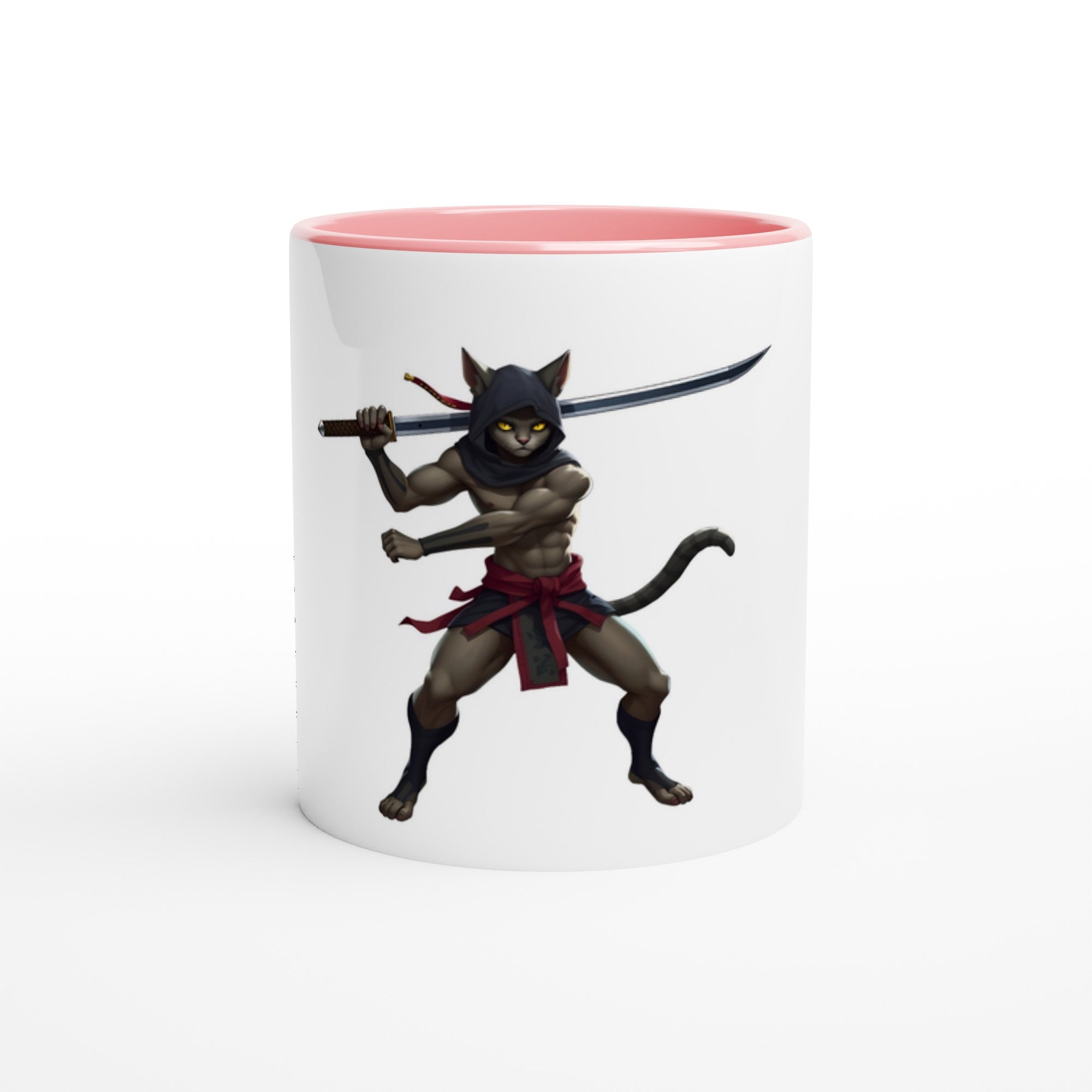 Feline Ninja Assasin White 11oz Ceramic Mug with Color Inside