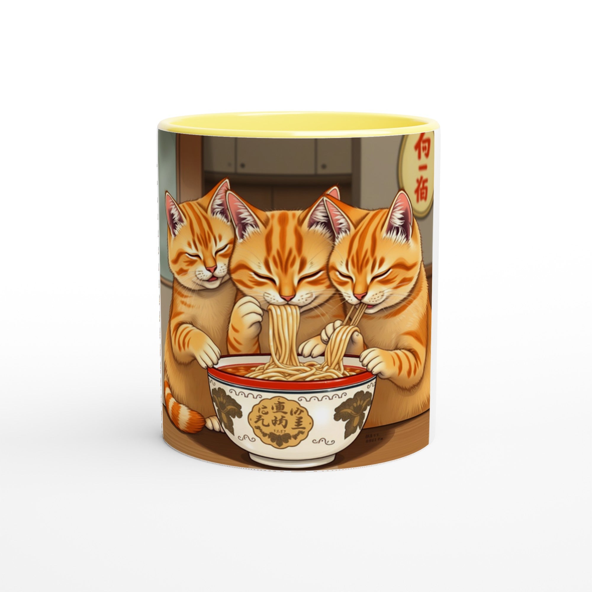 Ichiran Tabby Triplets Enjoying Ramen White 11oz Ceramic Mug with Color Inside